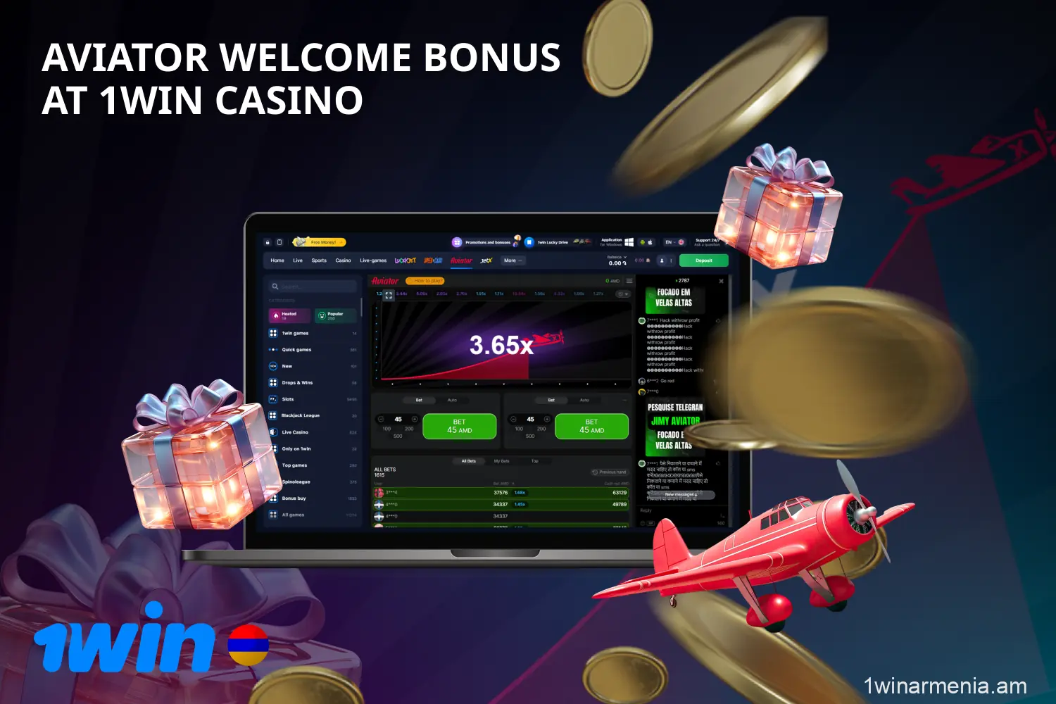 After registration, new users from Armenia can get a welcome bonus at Aviator 1win