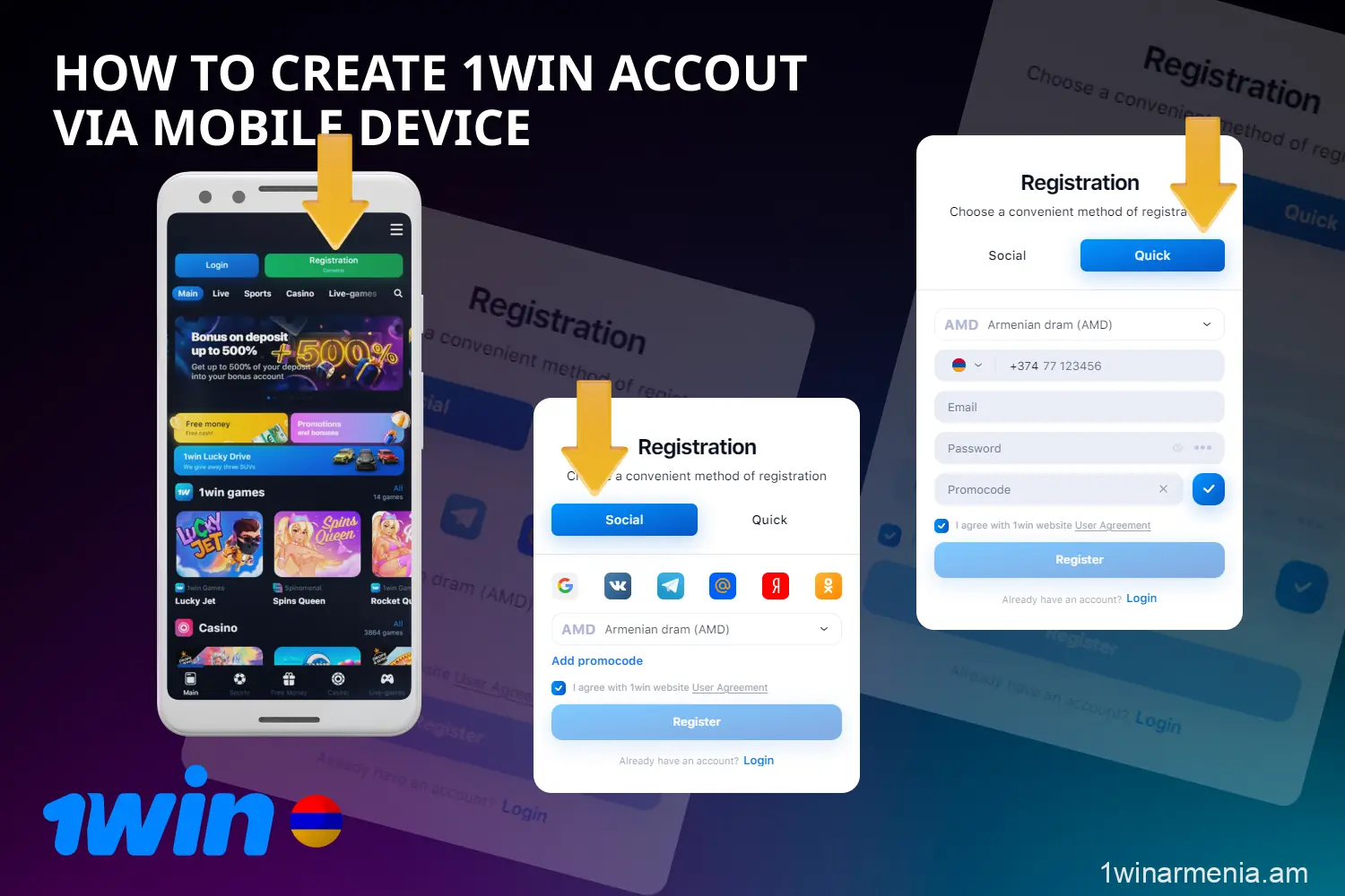 Before using the 1win app, Armenian players must create a gaming profile