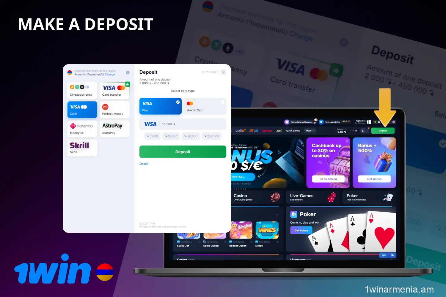 To fund your 1win account in Armenia, players must register and select the appropriate payment method