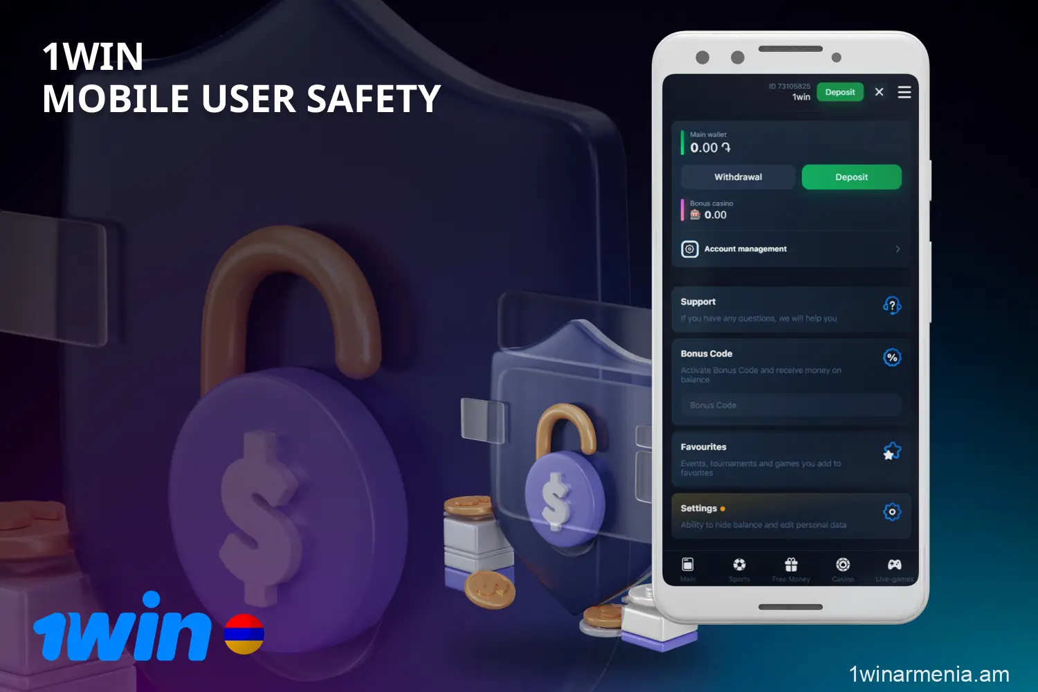 1win application is safe and guarantees privacy of personal data of players from Armenia