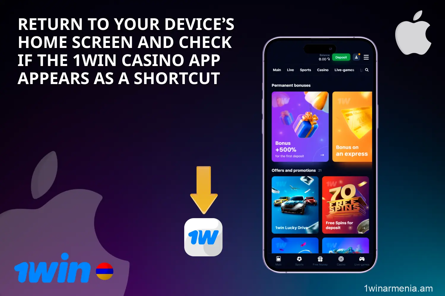 The 1win casino app is launched on an iOS device via a shortcut on the home screen