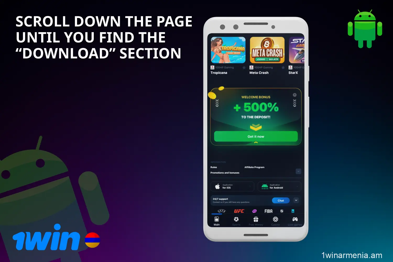 To download the 1win app on Android, find the Download option on the website
